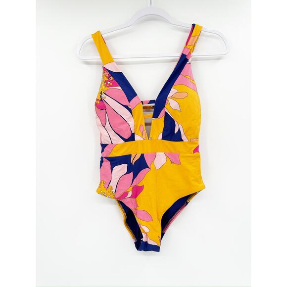Trina Turk Yellow Floral Print One Piece Plunge Neck Swimsuit Size 8 NWOT - Picture 3 of 7